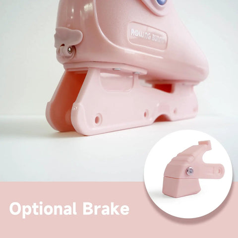 Close-up of pink optional brake attachment for Women Inline Skates Adjustable Size Roller Blades with hard shell.