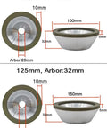 Versatile 4 Or 5 Inch Flared Cup Diamond Grinding Wheel For Metal Tungsten And Wood; Resin Bond Abrasive Disc dimensions and bore specifications.