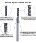 Three Thirty Second Inch Carbide End Mill Set With Four Flute Micro Grain Bits For Alloy Steels Hardened Steels Aluminum Copper Durable AlTiN Coated CNC Milling Tools For DIYers And Pros Five Piece showing end mill details.