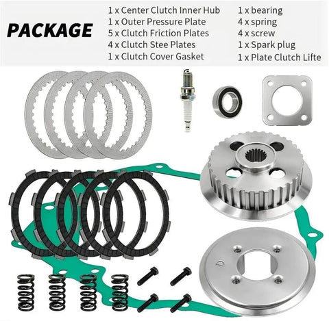 Heavy Duty Clutch Kit With Friction Plate And Induction Hardened Steel Hub Assembly For Honda TRX250X R TE TM ATVs showing all included components.