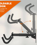 Two Pack Wall Mount Bike Racks For Indoor Storage Heavy Duty Rubber Coated Hooks Space Saving Garage Hangers Easy No Assembly Required Horizontal Bicycle Wall Rack shown with foldable hook mechanism.