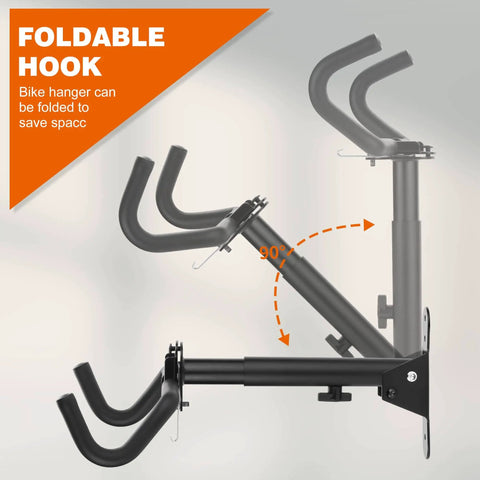 Two Pack Wall Mount Bike Racks For Indoor Storage Heavy Duty Rubber Coated Hooks Space Saving Garage Hangers Easy No Assembly Required Horizontal Bicycle Wall Rack shown with foldable hook mechanism.