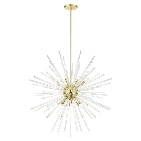 Straight Up 16 Light Satin Brass Foyer Pendant Chandelier With Real Clear Crystal Rods Built Different For Grand Entries And Modern Homes Damp Rated, featuring starburst design.