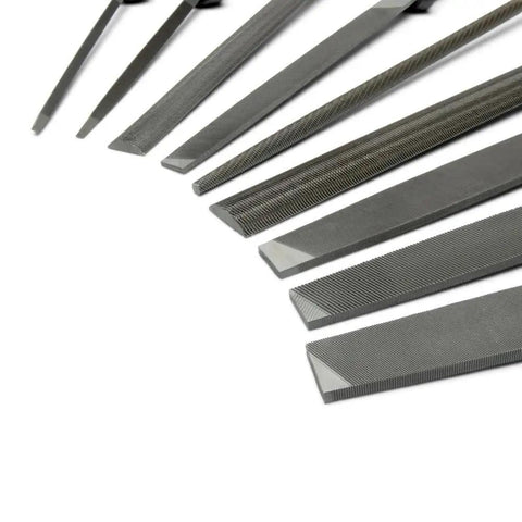 Close-up of Ergonomic 9 Piece File Set With 6 Inch 8 Inch 10 Inch And 12 Inch Bastard And Tapered Files Multicolor Handles showing file tips