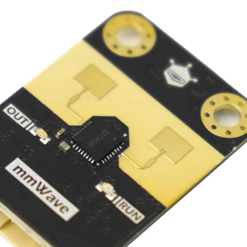 Close-up view of MmWave Presence Sensor C4001 24GHz module for human detection, featuring dual gold contact points and chip components.