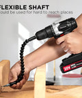 Heavy Duty 20V Cordless Drill And Screwdriver Set With A Smooth 3 8 Inch Chuck, Bright Work Lamp, And Reliable Lithium Ion Battery Pack, flexible shaft in use for hard to reach places during woodworking.