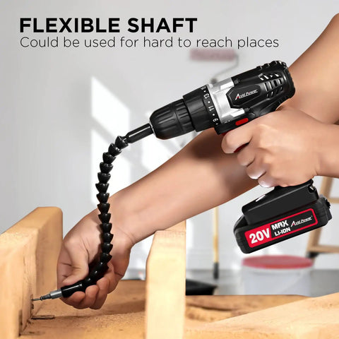 Heavy Duty 20V Cordless Drill And Screwdriver Set With A Smooth 3 8 Inch Chuck, Bright Work Lamp, And Reliable Lithium Ion Battery Pack, flexible shaft in use for hard to reach places during woodworking.
