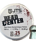 Dead Center Precision.25 Cal Pellets, 33.80 Grain Domed Lead, 150 Count for Air Rifles packaging with domed pellet