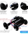 No Nonsense High Output 12V Dual Trumpet Car Air Horn With Compact Compressor showing ABS material and wiring harness details.