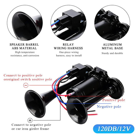No Nonsense High Output 12V Dual Trumpet Car Air Horn With Compact Compressor showing ABS material and wiring harness details.
