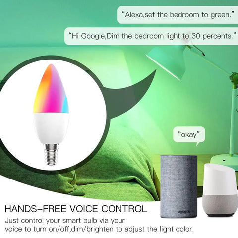 Smart Candelabra LED Bulbs With WiFi E12 Base 2700K-6500K CCT CW and RGB Dimmable 470 Lumens 5W 40W Equivalent No Hub Required Works With Alexa and Google Home Tuya Smart Life App 4 Pack displayed next to smart devices with voice control.