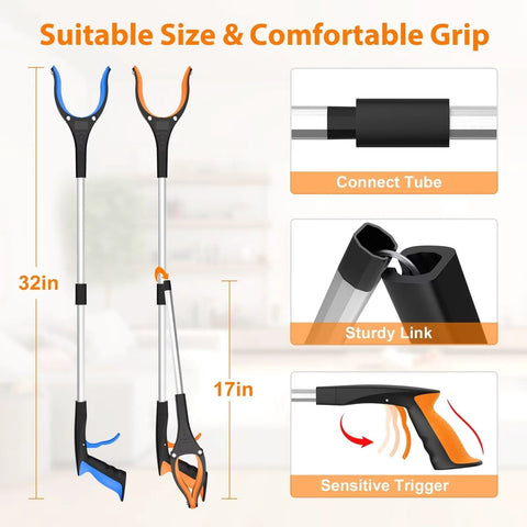 REWKCY 32in foldable reacher grabber set, 2-pack with 360° rotating jaw and magnet, blue and orange grips