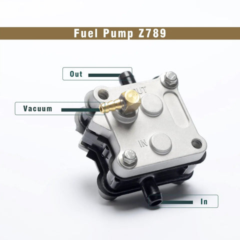 Beefed Up Fuel Pump For Outboard 2 Stroke Marine Engine Replacement Z789 30-300HP with labeled in, out, vacuum ports shown