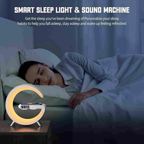 Woman sleeping beside Bluetooth Speaker Lamp With Wireless Charger And App Control, RGB Night Light, Alarm Clock.