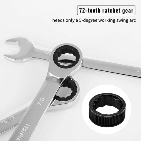 Close-up of 14 Piece SAE Ratcheting Wrench Set With One Quarter Inch To Seven Eighths Inch Wrenches, chrome vanadium steel.