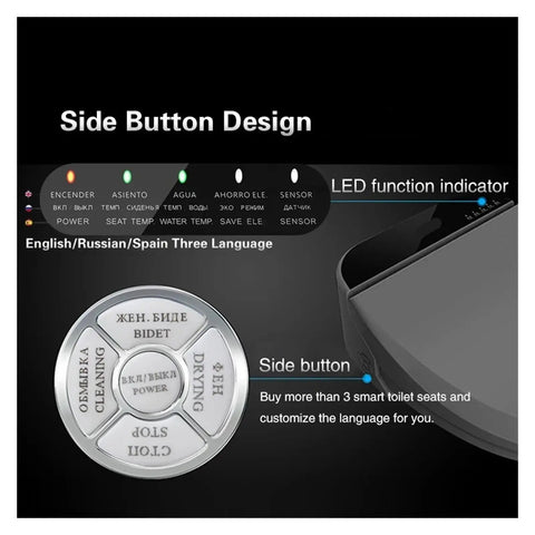 Super Sleek Square Black Smart Toilet Seat Bidet with side button design and LED function indicator for easy control.