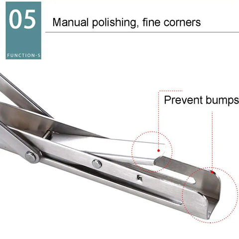 Industrial Grade Folding Angle Brackets, stainless steel with polished edges, showcasing fine corners for durability.