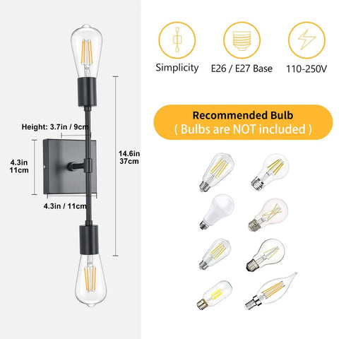 Two Pack Black Industrial Vanity Light Fixtures Over Mirror Sconces dimensions and recommended bulbs