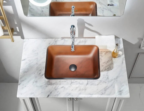 Star Gold Camelia Series Rectangular Tempered Glass Vessel Sink For Bathroom, Tea Matte Finish on Marble Vanity