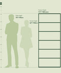 Height comparison graphic with silhouettes indicating male height 70" and female height 62" alongside product dimensions for Six Tier Free Standing Closet Organizer In French Oak Finish.