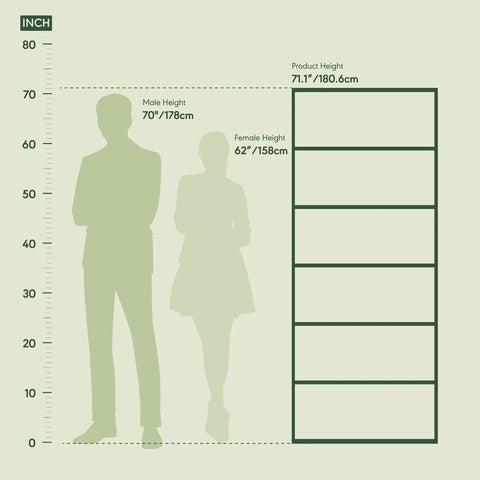 Height comparison graphic with silhouettes indicating male height 70" and female height 62" alongside product dimensions for Six Tier Free Standing Closet Organizer In French Oak Finish.