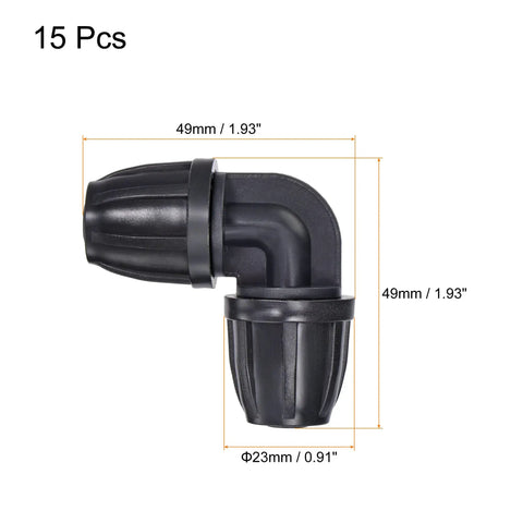 Drip Irrigation Elbow Barbed Fitting For 8Mm To 11Mm Tubing Garden Drip Tape Sprinkler System Black Pack Of 15 Easy To Install Connectors, shown in size 49mm by 23mm