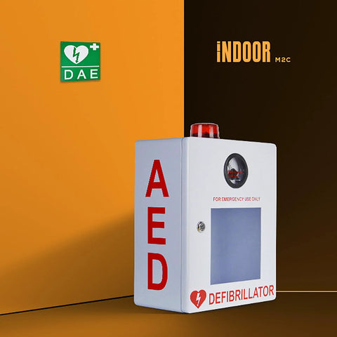 Front view of white metal AED cabinet with vertical red AED lettering, red top beacon and window panel