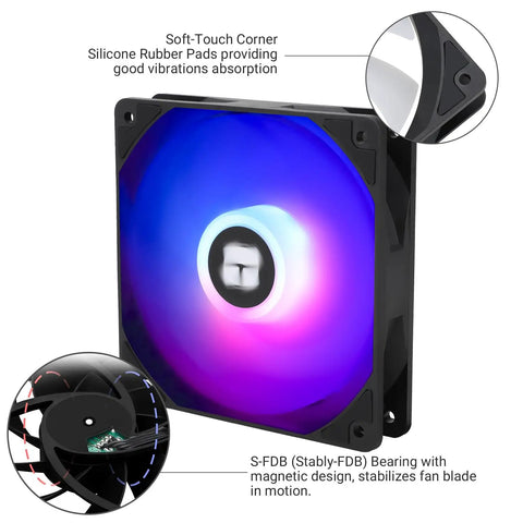 Three Pack 120mm ARGB CPU Case Fan With PWM 4 Pin Silent S FDB Bearing Up To 1550 RPM for airflow and RGB lighting, detail view.