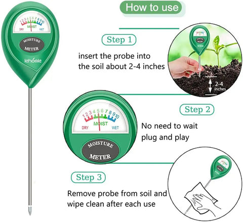 Instructional guide for Soil Moisture Meter For Houseplants And Pots Quick Watering Guide Easy Plant Care Tool With Probe Green Moisture Sensor.