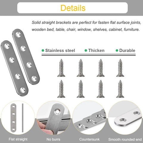 24 Pack Straight Brace Brackets 3 Inch Stainless Steel Flat Mending Plates For Wood Furniture With Screws, detail view