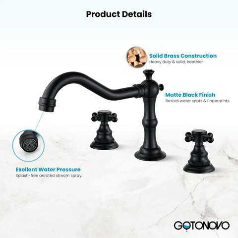3 Hole Widespread Matte Black Bathroom Faucet With Double Cross Handles Deck Mount Vanity Sink Mixer Tap For Hot And Cold Water