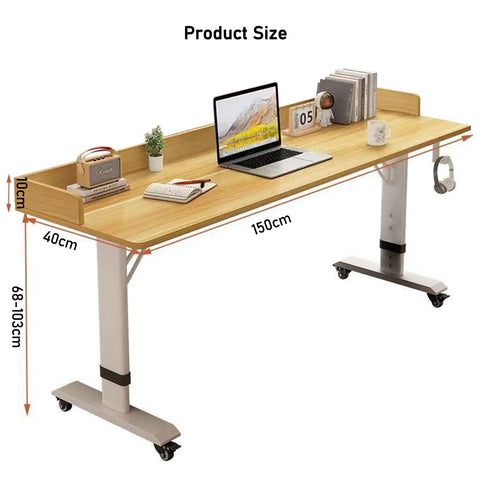 Straight Up Durable Height Adjustable Overbed Table With Easy Glide Locking Casters Mobile Laptop Desk For Bedroom Or Sofa Heavy Duty Wood Roll Around Study Space Built Tough, product dimensions 150cm x 40cm x 10cm.