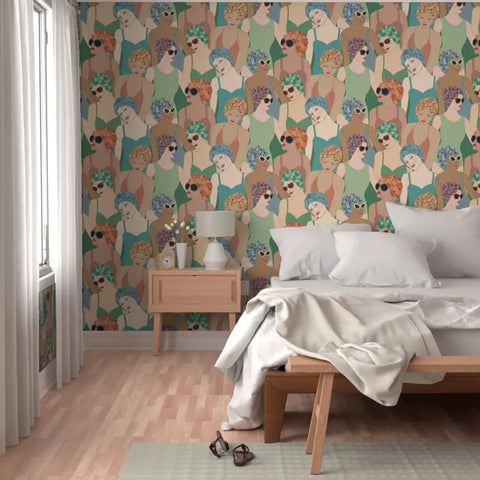 Hella Durable Art Deco Wallpaper Featuring Elegant Feminine Designs With Super Tough Linen Texture Surface And Pvc Free Type Ii Professional Covering For Interiors And Living Rooms in a stylish bedroom with neutral decor.