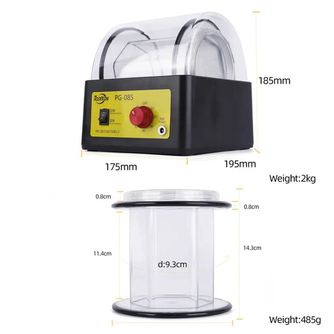 Side view dimensions of Tiny But Mighty Jewelry Polisher Tumbler Kit with Stainless Steel Ball Model PG 085 for cleaning jewelry
