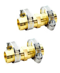 Brass Garden Hose Connector Repair Kit With Stainless Clamp, Two Pack, Fits Five Eighths Inch Water Hose, Durable Brass Fittings displayed
