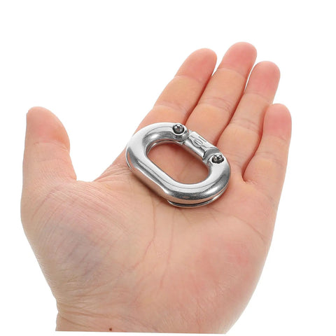 Pro Grade 316 Marine Stainless Steel Chain Link Connector Quick Connect Clip Locks Links held in a hand for scale.