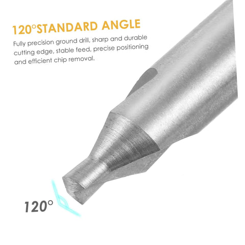 KALLORY center drill bit, high-speed steel, close-up of 120° standard angle tip for wood and metal use