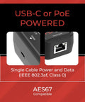 Close-up of USB-C and PoE power inputs on Ultimate ToVi Dante Optical Encoder for Pro A V Systems.