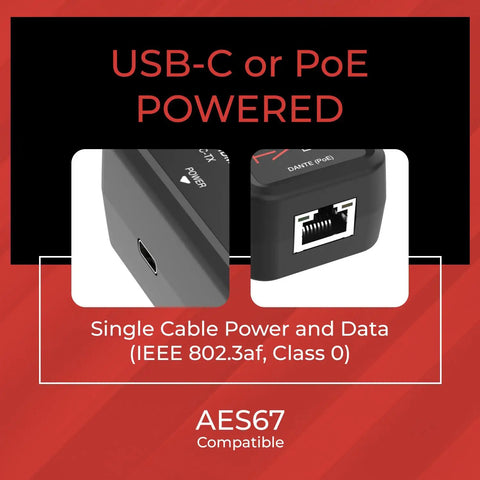 Close-up of USB-C and PoE power inputs on Ultimate ToVi Dante Optical Encoder for Pro A V Systems.