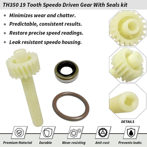 19 Tooth Speedometer Driven Gear And Housing Kit For GM TH350 With Seals And Retainer Bracket White Finish For Classic GM TH350 Turbo 350 Transmissions Restore Accurate Speed Readings