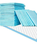 Premium LeakProof Disposable Bed Pads 23X36 Inch 50Count stacked in blue, showing their absorbent design and odor sealing cover.