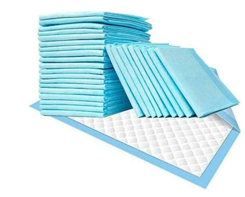 Premium LeakProof Disposable Bed Pads 23X36 Inch 50Count stacked in blue, showing their absorbent design and odor sealing cover.