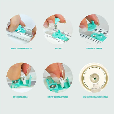 Adjustable Circle Cutter For Crafts And Scrapbooking Super Precise Round Paper Trimmer Punch Alternative showing tension adjustment and blade removal steps.