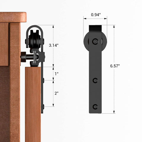 Side view of 4 Foot Mini Sliding Barn Door Hardware Track Kit For 21 To 24 Inch Doors Suitable For Cabinets Windows And TV Stands Easy Install Smooth Quiet Operation High Quality Steel With Black Powder Coat And J Shape Hanger