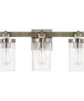 Farmhouse Vanity Light With Seeded Glass Cylinders, Three Light Fixture In Reclaimed Oak Wood And Brushed Nickel Finish, 22 Inch