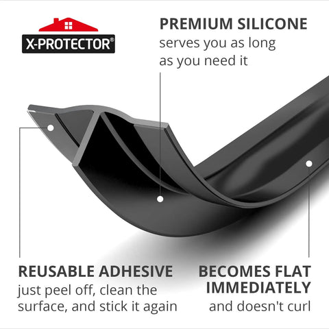Close-up of Premium Silicone Stove Gap Cover, black, 50x1 inch with self-adhesive, highlighting flexibility and flatness.