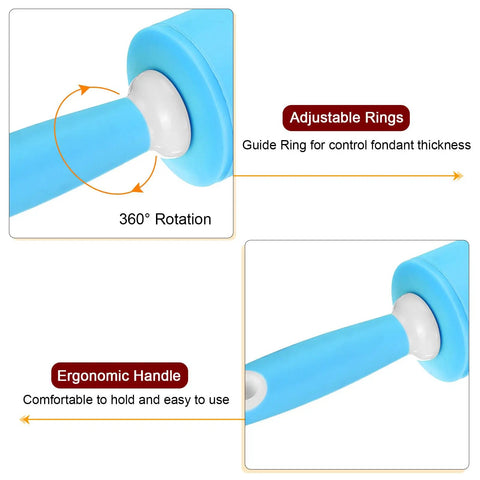 Silicone Rolling Pin For Baking 20.5 Inch Nonstick Kitchen Roller With Rubber Handles, adjustable rings for fondant, blue.