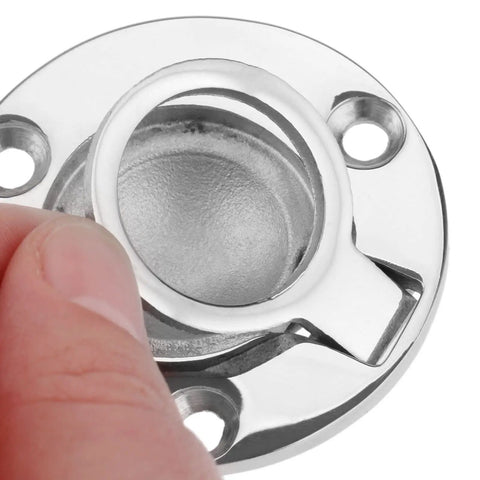 Close-up of 50mm Round Stainless Steel Flush Pull Ring Latch For Boats, Deck Recessed Lift Ring Handle being operated by hand.
