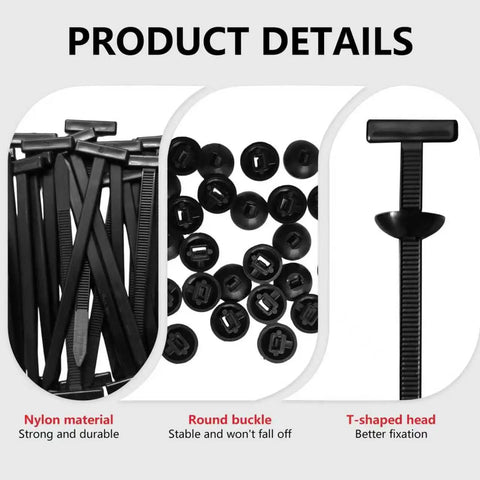 Heavy Hitter 200 Pack Nylon Universal Cable Ties For Car Care And No Sweat Wire Management, details showing nylon material, round buckle, and T-shaped head.