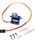 Blue SG90 9G Micro Servo with cables, screws, and accessories, part of Six Pack SG90 9G Micro Servo Motors Kit For RC Robot Arm Helicopter.